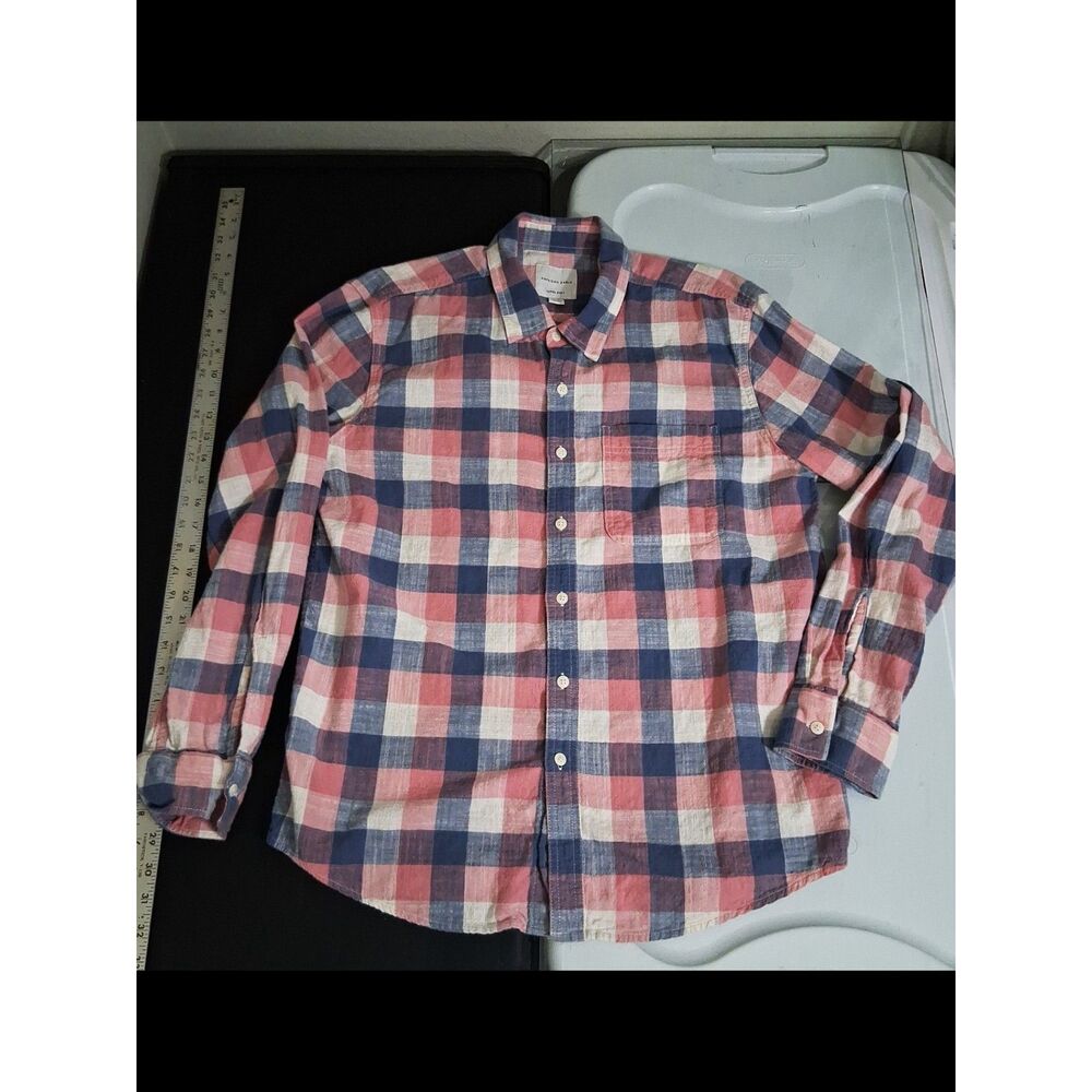 American Eagle Super Soft Pink Navy Blue Plaid Button Down Shirt Men's XL